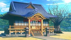  absurdres architecture artist_request bare_tree bell blue_sky box clouds day donation_box east_asian_architecture forest game_asset hakurei_shrine highres jingle_bell kouhaku_nawa nature no_humans outdoors rope scenery shide shimenawa shrine sky stairs stone_lantern third-party_source tomoe_(symbol) touhou touhou_spell_carnival tree 