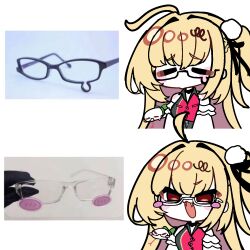  1girl bare_shoulders bespectacled blonde_hair blush blush-framed_glasses chalky_(zenless_zone_zero) cissia_(zenless_zone_zero) closed_eyes commentary_request detached_sleeves fangs glasses hair_ornament hairclip highres long_hair meme multiple_views open_mouth otu_(o2h2_oh4) photo_inset pom_pom_(clothes) pom_pom_hair_ornament red_eyes reference_inset simple_background smile snake teardrop-framed_glasses white_background white_snake yellow_trying_expressive_glasses_(meme) zenless_zone_zero 