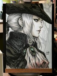  1girl 2021 ascot astanley_lau blood blood_on_clothes blood_stain bloodborne brooch commentary english_commentary from_side grey_eyes hat highres jewelry lady_maria_of_the_astral_clocktower marker_(medium) photo_(medium) ponytail signature solo stanley_lau traditional_media tree tricorne upper_body white_ascot white_hair 