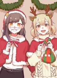  2girls absurdres animal_ear_hairband animal_ears antlers azusawa_kohane black_hair brown_eyes brown_hair cl0o0ud commentary_request deer_ears earrings fake_animal_ears fake_facial_hair fake_mustache fur_trim grin hair_ornament hairband hairclip hand_up hands_up hat highres holding horns jewelry korean_commentary long_hair long_sleeves looking_at_viewer multiple_girls multiple_hairclips open_mouth orange_eyes project_sekai reindeer_antlers santa_costume santa_hat shiraishi_an short_twintails smile star_(symbol) sweater turtleneck twintails wreath 