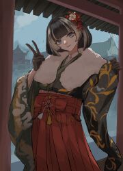  1girl absurdres alternate_hair_length_(shorter) architecture asa_no_ha_(pattern) black_gloves black_hair black_kimono blue_eyes bob_cut buttercat clouds cloudy_sky commentary_request contrapposto cowboy_shot east_asian_architecture english_commentary flower fur_shawl gloves green_kimono grey_streaks hair_flower hair_ornament hakama hakama_skirt hands_up head_tilt highres hime_cut hololive hololive_dev_is japanese_clothes juufuutei_raden juufuutei_raden_(new_year) kanzashi kimono lace lace_gloves light_smile looking_at_viewer mixed-language_commentary multicolored_hair multicolored_kimono official_alternate_costume official_alternate_hairstyle outdoors partially_shaded_face plant_print print_kimono red_flower red_hakama shawl short_hair sidelocks skirt sky solo streaked_hair tassel two-tone_hair v virtual_youtuber white_flower 