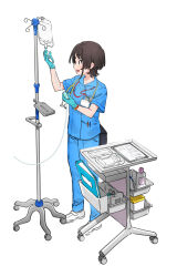  1girl blue_gloves blue_pants blue_shirt brown_eyes brown_hair chair clipboard commentary full_body gloves highres holding hololive id_card intravenous_drip lanyard medical_scrubs name_tag office_chair oozora_subaru open_mouth pants ripod rubber_gloves shirt shoes short_hair short_sleeves simple_background smile solo standing stethoscope swivel_chair untranslatable_commentary white_background 