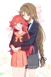  2girls absurdres ahoge black_jacket black_necktie blazer blue_eyes blurry blush bokeh bow bowtie braid breasts brown_hair closed_mouth collared_shirt commentary_request depth_of_field fang feet_out_of_frame flat_chest flower green_eyes grey_skirt hair_bow hair_flaps hair_ribbon heterochromia highres holding_hands hug jacket kaling lily_(flower) long_hair long_sleeves looking_at_another low-braided_long_hair low-tied_long_hair maplestory multiple_girls necktie official_alternate_costume open_mouth orange_eyes pink_skirt plaid_clothes plaid_skirt red_hair red_shirt ribbon sailor_collar school_swimsuit seren_(maplestory) shirt shitogi_(mochi41061) sidelocks skin_fang skirt small_breasts smile standing swimsuit yuri 