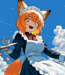  1girl :d absurdres animal_ear_fluff animal_ears apron black_dress blue_sky blush bow bowtie breasts clouds commentary_request cowboy_shot cup day dress fox_ears fox_girl fox_tail hepari highres holding holding_tray juliet_sleeves long_sleeves looking_at_viewer maid maid_headdress medium_breasts open_mouth orange_eyes orange_hair original outdoors puffy_sleeves red_bow red_bowtie short_hair sky smile solo tail teacup tray twitter_username white_apron 