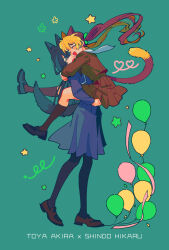  2girls alternate_costume animal_ears balloon black_hair black_pantyhose black_shoes blonde_hair blue_shirt blue_skirt bow brown_hair brown_serafuku brown_shirt brown_shoes brown_skirt brown_socks cat_ears cat_girl cat_tail chinese_commentary closed_eyes commentary_request fang genderswap genderswap_(mtf) green_background green_bow hair_bow heart highres hikaru_no_go hun_(endlesslovehikaru) kemonomimi_mode kneehighs loafers long_hair miniskirt multiple_girls open_mouth pantyhose pleated_skirt ponytail school_uniform serafuku shindou_hikaru shirt shoes skirt smile socks star_(symbol) streamers tail touya_akira wolf_ears wolf_girl wolf_tail 