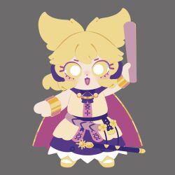 1girl :3 blonde_hair bright_pupils cape carnelscorner chibi chibi_only commentary earmuffs english_commentary full_body gold_trim highres holding looking_at_viewer open_mouth pink_cape pointy_hair purple_cape purple_skirt ritual_baton sheath sheathed shirt skirt sleeveless sleeveless_shirt smile solo sword touhou toyosatomimi_no_miko two-sided_cape two-sided_fabric weapon white_pupils yellow_eyes yellow_shirt 