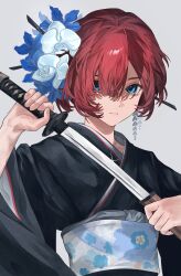  1girl absurdres asymmetrical_bangs black_kimono blue_eyes blue_flower blue_sash cang_lu chinese_commentary commentary diffraction_spikes eyes_in_shadow floral_print_sash flower grey_background hair_flower hair_ornament hair_over_one_eye hair_stick highres holding holding_sword holding_weapon iris_(flower) japanese_clothes katana kimono looking_at_viewer print_sash red_eyes red_hair reverse:1999 sash sheath short_hair simple_background solo sword unsheathing upper_body weapon wide_sleeves yenisei_(reverse:1999) 