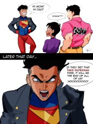  1girl 2boys absurdres blue_bodysuit bodysuit clark_kent clark_kent_(civilian) commentary dark-skinned_male dark_skin dc_comics dragon_ball dragon_ball_z english_commentary english_text fleurashdesign highres jacket kon-el leather leather_jacket lois_lane messy_hair multicolored_bodysuit multiple_boys my_adventures_with_superman parody spiky_hair superboy superhero_costume superman_(series) superman_logo two-tone_bodysuit 