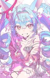  1girl abstract_background absurdres ahoge alternate_costume alternate_hairstyle animal_ear_fluff animal_ears bead_necklace beads blue_hair bow bracelet candy commentary_request crossed_arms crossed_bangs dot_nose double-parted_bangs dress drill_hair finger_ribbon fingernails flat_chest food frilled_dress frilled_skirt frills from_above green_trim grin hair_between_eyes hair_bow hair_ornament hairband hairclip halo heart heart_ahoge heart_bracelet heart_o-ring highres hikimayu hololive index_finger_raised jacket jacket_partially_removed jewelry liquid_halo long_fingernails long_hair looking_at_viewer miniskirt multicolored_hair necklace o-ring o-ring_thigh_strap orange_eyes parallel_hairclips pastel_colors pink_bow pink_halo pink_jacket pink_nails rabbit_ears rabbit_girl rabbit_hair_ornament ribbon ribbon_earrings short_dress short_eyebrows sidelocks sitting skirt sleeve_bow sleeveless sleeveless_dress smile solo strap_slip streaked_hair thick_eyebrows thigh_strap twin_drills twintails usada_pekora virtual_youtuber white_bow white_hair white_ribbon white_skirt wrapped_candy x_hair_ornament yoganeko yume_kawaii 