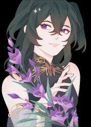  1girl avidyae bare_shoulders black_background black_shirt collared_shirt colored_eyebrows d.gray-man detached_sleeves fingernails flower front_slit gold_trim green_hair green_leaf green_sleeves hair_between_eyes hair_over_shoulder high_collar highres leaf lenalee_lee lips looking_at_viewer medium_hair petunia_(flower) plant portrait purple_flower see-through_clothes see-through_sleeves shirt sidelocks simple_background sleeve_slit sleeveless sleeveless_shirt smile solo sparkle striped_clothes striped_shirt two_side_up upper_body vertical-striped_clothes vertical-striped_shirt violet_eyes wide_sleeves 