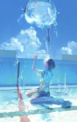  1girl absurdres arm_up barefoot between_legs black_hair blue_sky closed_mouth clouds collared_shirt commentary_request day from_side full_body grey_skirt hand_between_own_legs highres hydrokinesis looking_up neg_(101neg) original outdoors pool profile refraction school_uniform shallow_water shirt short_hair short_sleeves sitting skirt sky solo splashing sunlight wariza water white_shirt 