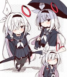  1girl black_choker black_coat black_eyes black_hairband black_pantyhose black_sailor_collar black_serafuku blue_archive blush braid choker coat colored_inner_hair commentary disembodied_hand hair_over_one_eye hairband halo headpat heart heart_halo holding holding_umbrella ken_(houndscombat) long_hair long_sleeves looking_at_viewer multicolored_hair multiple_views neckerchief pantyhose pink_hair plana_(blue_archive) red_halo red_pupils sailor_collar school_uniform serafuku single_braid umbrella umbrella_gun very_long_hair white_hair white_neckerchief 