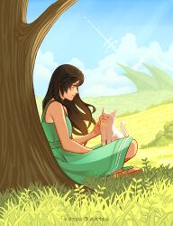  1girl absurdres aged_down animal aqua_dress artist_name bare_shoulders black_hair blue_sky cat closed_mouth clouds cloudy_sky day dress english_commentary final_fantasy final_fantasy_vii final_fantasy_vii_remake from_side full_body grass highres indian_style katsuartsu long_hair maru_(ff7) outdoors profile red_eyes sandals sitting sky smile sundress tifa_lockhart tree under_tree white_cat 