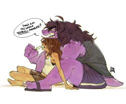  1girl 1other anger_vein arm_support barefoot behind_another biting brown_hair cholvoq claws colored_sclera colored_skin colored_teeth commentary deltarune english_commentary english_text food food_in_mouth gym_shorts hair_over_eyes head_on_head head_rest height_difference highres holding holding_food holding_popsicle indian_style knees_up kris_(deltarune) long_hair looking_at_another looking_down midriff_peek open_mouth plug_(piercing) popsicle purple_skin reptile_girl sandals shorts signature sitting susie_(deltarune) sweat tail tank_top torn_clothes torn_sleeves utdr_(toby_fox) white_tank_top yellow_sclera yellow_teeth 