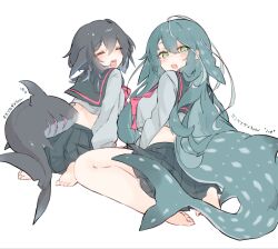  2girls animal_ears barefoot black_hair blush breasts closed_eyes commentary crop_top fins fish_tail from_behind green_eyes green_hair hair_between_eyes highres large_breasts long_sleeves looking_back multiple_girls neckerchief nekonika_(e102k) open_mouth original pleated_skirt red_neckerchief shark_girl shark_tail sharp_teeth simple_background sitting skirt tail teeth wariza 