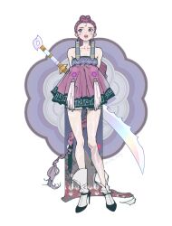  1girl bare_shoulders black_shoes bloomers body_markings braid breasts brown_hair dress earrings full_body high_heels highres holding holding_behind_back holding_sword holding_weapon holding_weapon_behind_back jewelry kpop_demon_hunters long_hair medium_breasts open_mouth purple_hair rumi_(kpop_demon_hunters) shoes short_dress single_braid socks solo standing sword twitter_username very_long_hair weapon white_background white_bloomers white_socks wise_fully 