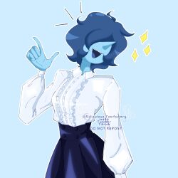  1girl alternate_costume blue_hair blue_pearl_(steven_universe) blue_skin colored_skin commentary english_commentary gem_(steven_universe) hair_over_eyes highres long_sleeves open_mouth pointy_nose ridiculoustomfoolery shirt short_hair skirt sparkle steven_universe white_shirt 