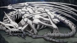  animal_skeleton cave_interior claws creature dragon dragon_ears dragon_horns dragon_tail dragon_wings full_body game_asset highres horns kono_subarashii_sekai_ni_shukufuku_wo! kono_subarashii_sekai_ni_shukufuku_wo!_kono_yokubukai_game_ni_shinpan_o! looking_at_viewer no_humans non-web_source official_art red_eyes self-datamine sharp_teeth solo tail teeth undead wings 