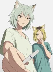  2girls :3 absurdres ancestors_need_you_to_lock_in_son_(meme) animal_ears blonde_hair blue_shirt breasts brown_eyes cat_ears cat_girl cigarette collarbone commentary dot_nose earrings foreshortening green_hair grey_background highres holding holding_cigarette jewelry looking_at_viewer looking_to_the_side meme multiple_girls parted_bangs photo-referenced plunplun shirt short_hair simple_background slit_pupils small_breasts smoking spanish_commentary standing t-shirt yaku_neko_(yani_neko) yani_neko yani_neko_(yani_neko) yellow_eyes 