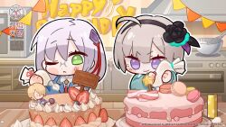  2girls absurdres ahoge birthday_cake cake chibi chibi_only closed_mouth copyright_logo copyright_name copyright_notice food fruit green_eyes grey_hair hair_ornament hairband happy_birthday heaven_burns_red highres icing izumi_yuki kayamori_ruka key_(company) kitchen logo long_hair macaron minase_sumomo multiple_girls official_art pastry_bag short_hair strawberry violet_eyes 