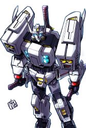  1boy absurdres autobot blue_eyes drift_(transformers) glowing glowing_eyes highres holding holding_weapon insignia looking_at_viewer machine male_focus mecha nasutetsu no_humans parker-hale_idw robot science_fiction solo sword the_transformers_(idw) transformers weapon 