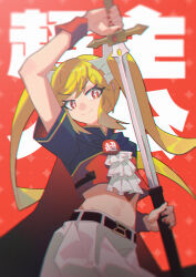  1girl alternate_eye_color alternate_hair_color ascot belt blonde_hair cape choushujinnkou_(vocaloid) crop_top egh_(ssquan) grey_skirt hatsune_miku highres holding holding_sheath holding_sword holding_weapon midriff patterned_background red_background red_eyes red_wrist_cuffs ribbon scabbard sheath skirt solo song_name sword twintails two-tone_shirt unsheathing vocaloid weapon white_ribbon wrist_cuffs 