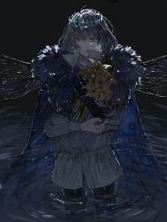  1boy absurdres arthropod_boy arthropod_limbs black_background blue_eyes bouquet cape crown diamond_hairband dragonfly_wings fate/grand_order fate_(series) fur-trimmed_cape fur_trim grey_hair highres holding holding_bouquet insect_wings long_sleeves looking_at_viewer male_focus medium_hair oberon_(fate) oberon_(third_ascension)_(fate) open_mouth shirt solo tonntoko404 wading water white_shirt wings 