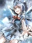  1girl bad_id blue_dress blue_eyes blue_hair bow cirno dress grey_eyes hair_bow ice ice_wings jan_(artist) jan_(lightdragoon) open_mouth puffy_short_sleeves puffy_sleeves shirt short_sleeves silver_hair smile solo touhou wings 