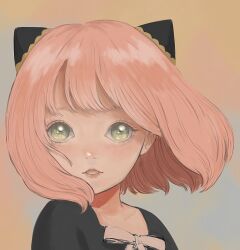  1girl anya_(spy_x_family) black_shirt bow collarbone commentary eyelashes floating_hair green_eyes hairpods looking_at_viewer maria_mu_(mma_23n) parted_lips pink_hair portrait shirt short_hair solo spy_x_family white_bow 