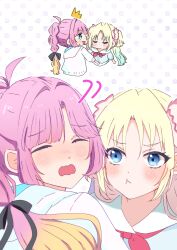  2girls :3 :t ^^^ ^_^ ahoge anyoji_hime black_ribbon blonde_hair blue_eyes blue_hair blush closed_eyes closed_mouth commentary_request dress flower flustered gradient_hair gu_(soruto) hair_flower hair_intakes hair_ornament hair_ribbon hasu_no_sora_school_uniform highres hood hood_down hooded_jacket jacket long_hair looking_at_another love_live! love_live!_hasu_no_sora_jogakuin_school_idol_club mira-cra_park! multi-tied_hair multicolored_hair multiple_girls multiple_views neckerchief nose_blush open_mouth osawa_rurino parted_bangs pink_flower pink_hair polka_dot polka_dot_background ponytail pout purple_background red_neckerchief ribbon sailor_collar sailor_dress school_uniform short_sleeves summer_uniform three-quarter_sleeves twintails virtual_youtuber wavy_mouth white_dress white_jacket white_sailor_collar 