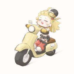  1girl blonde_hair blush chibi chibi_only choker closed_eyes detached_pants driving gloves gutaro_o hair_ornament long_hair motor_vehicle open_mouth orange_gloves piper_wheel red_choker scooter simple_background solo teeth upper_teeth_only white_background wind zenless_zone_zero 