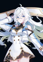1girl ahoge aqua_coat aqua_eyes aqua_jacket aqua_sleeves arm_up bare_shoulders belt belt_buckle black_background black_belt black_gloves blue_coat blue_eyes buttons chakram cleavage closers clothing_cutout coat collar collared_shirt colored_eyelashes colored_lapels commentary_request cowboy_shot cropped_jacket crossed_bangs dress floating_hair gloves gold gold_buttons gold_necklace gold_trim grin hair_between_eyes hair_intakes jacket lapels long_hair long_sleeves looking_at_viewer lowres mois_(closers) moon moon_necklace multicolored_eyes necklace non-web_source official_art panties pantyshot parted_lips pink_eyes ribbed_panties see-through see-through_clothes see-through_dress shiny shiny_skin shoulder_cutout sidelocks teeth upper_body white_dress white_eyelashes white_hair white_panties white_pupils yellow_eyes