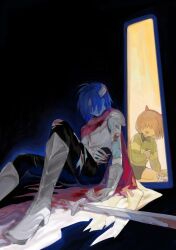  2others armor bandaged_arm bandaged_head bandages black_bodysuit blood blood_on_armor blood_on_bandages blood_on_hand blood_on_leg blood_on_weapon blue_hair blue_skin bodysuit bodysuit_under_clothes breastplate brown_hair cape chinese_commentary clenched_teeth colored_skin commentary_request covered_eyes cuts deltarune dual_persona foot_out_of_frame gauntlets greaves greenheart hand_on_own_stomach highres injury kris_(dark_world)_(deltarune) kris_(deltarune) multiple_others other_focus pauldrons red_cape short_hair shoulder_armor sitting sword teeth torn_bodysuit torn_clothes utdr_(toby_fox) weapon 