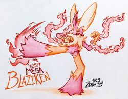  artist_name blaziken claws commentary dated english_commentary fire full_body highres kicking limited_palette mega_blaziken open_mouth outstretched_leg pokedex_number pokemon pokemon_(creature) pokemon_focus solo standing standing_on_one_leg star_(symbol) traditional_media white_background zerokirbyarts 