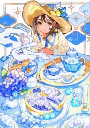  1girl berry blue_bow blue_flower blue_theme bow brown_eyes brown_hair buchi_(qooo003) bun_(food) cake candle commentary cup dress eyelashes flower food fruit hat hat_bow highres hydrangea kettle lemon lemon_hat_ornament lemon_slice looking_at_viewer medium_hair original plate sitting solo steam teacup upper_body white_dress 