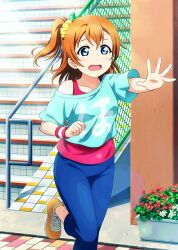  1girl anime_coloring aqua_shirt arm_up blue_eyes blue_pants blush breasts chain-link_fence clothes_writing collarbone day dot_nose fence flower flower_bed foot_out_of_frame hair_ornament hair_scrunchie hand_up kosaka_honoka kosaka_honoka_(summer_training_wear) light_rays looking_ahead love_live! love_live!_school_idol_festival love_live!_school_idol_project medium_breasts medium_hair off-shoulder_shirt off_shoulder official_art one_side_up open_hand open_mouth orange_hair orange_shoes outdoors outstretched_arm palms pants raised_inner_eyebrows reaching red_flower red_tank_top running scrunchie shirt shoes short_sleeves solo spread_fingers stairs sunbeam sunlight t-shirt tank_top white_flower wristband yellow_scrunchie 