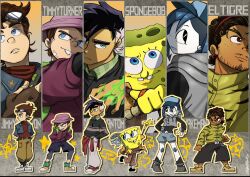  1girl 5boys backwards_hat bandaid bandaid_on_face baseball_cap beard_stubble black_eyes black_hair blue_eyes blue_hair brown_eyes brown_hair character_name closed_mouth clothes_around_waist colored_skin commentary copyright_name danny_fenton danny_phantom dark-skinned_male dark_skin denim dreadlocks earrings el_tigre facial_hair fingerless_gloves fire gloves goggles goggles_on_head green_eyes green_fire grey_skin hands_in_pockets hat highres holding hood hood_down hoodie humanization izzy_(izbubbles) jacket jenny_wakeman jewelry jimmy_neutron jimmy_neutron_(series) looking_at_viewer male_focus manny_rivera multicolored_hair multiple_boys my_life_as_a_teenage_robot nickelodeon pants parody shirt shoes short_hair shorts smile sneakers spongebob_squarepants spongebob_squarepants_(series) stubble style_parody teeth the_fairly_oddparents timmy_turner two-tone_hair yellow_skin 