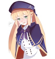  1girl absurdres arms_behind_back artoria_caster_(fate) artoria_caster_(second_ascension)_(fate) artoria_pendragon_(fate) blonde_hair blue_cape blue_hat blush buttons cape commentary dress fate/grand_order fate_(series) green_eyes hat highres long_hair looking_at_viewer open_mouth red_cape simple_background solo twintails two-tone_cape white_background white_dress yaajjjjjp 