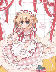  1girl :t ahoge alternate_costume apron aqua_eyes barefoot blonde_hair blush closed_mouth commentary_request dress eating enmaided food food_on_face frilled_apron frilled_dress frilled_wrist_cuffs frills fruit full_body hair_between_eyes hair_ornament hair_ribbon hand_up heart highres holding holding_food kamikita_komari little_busters! long_ribbon looking_at_viewer macaron maid maid_apron maid_headdress medium_hair neck_ribbon pink_dress pink_wrist_cuffs plaid_clothes plaid_dress print_apron puffy_short_sleeves puffy_sleeves red_ribbon ribbon short_sleeves simple_background sitting smile solo speech_bubble spoken_heart star_(symbol) star_hair_ornament star_print strawberry tareme two_side_up wasshoi_chi white_apron white_background wrist_cuffs 