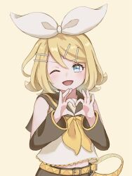  1girl bare_shoulders belt black_sailor_collar blonde_hair blue_eyes bow breasts detached_sleeves four-finger_heart_hands hachi_mitsu_cha hair_bow hair_ornament hairclip headphones headset heart heart_hands kagamine_rin looking_at_viewer neckerchief one_eye_closed open_mouth parallel_hairclips sailor_collar shirt short_hair simple_background sleeveless sleeveless_shirt small_breasts treble_clef vocaloid white_bow white_shirt yellow_background yellow_belt yellow_nails yellow_neckerchief yellow_trim 