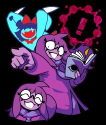  ! 1girl 1other acenth ahoge aqua_(deltarune) aqua_dress aqua_skin black_nails blue_hair blush book bow coat colored_skin commentary deltarune dress english_commentary fangs hair_bow hair_over_eyes holding holding_book holding_knife knife open_book pointing purple_coat purple_hair purple_scarf purple_skin red_bow red_scarf scarf seth_(deltarune) utdr_(toby_fox) 
