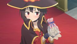  1girl averting_eyes bag black_choker black_gloves blush brown_cape brown_hair brown_hat candy cape chocolate choker closed_mouth collarbone collared_cape dress fingerless_gloves flat_chest food from_side game_asset gift_bag giving gloves hat heart heart-shaped_chocolate heart-shaped_food highres holding holding_bag indoors kono_subarashii_sekai_ni_shukufuku_wo! kono_subarashii_sekai_ni_shukufuku_wo!_kono_yokubukai_game_ni_shinpan_o! long_sleeves looking_to_the_side megumin non-web_source official_art red_carpet red_dress red_eyes self-datamine short_hair_with_long_locks solo standing star-shaped_chocolate upper_body witch_hat 