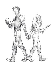  1boy 1girl age_difference boots commentary couple dragon_age dragon_age:_the_veilguard elf emmrich_volkarin english_commentary full_body greyscale hetero highres holding_hands long_hair monochrome old old_man pants pointy_ears reading rook_(dragon_age) short_hair svanha walking white_background 