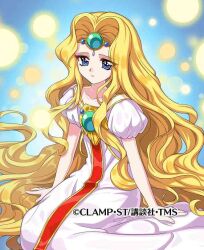  1girl blonde_hair blue_background blue_eyes circlet commentary_request dress emeraude_(rayearth) gothic_wa_mahou_otome long_hair magic_knight_rayearth official_art parted_lips princess solo very_long_hair wavy_hair white_dress 