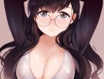  1girl arms_up black_eyes black_hair blush breasts cleavage collarbone female glasses large_breasts lips looking_at_viewer mery_(apfl0515) original simple_background solo tears upper_body 