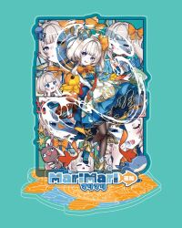  1girl blonde_hair blue_crown blue_dress blue_eyes bow bowtie closed_mouth coral crown dress fish goldfish hair_bow luwudco marimari_(marimari_2.0)_(vtuber) marimari_(vtuber) multiple_views open_mouth orange_bow orange_bowtie pantyhose phase_connect short_eyebrows side_ponytail squid starfish virtual_youtuber water whale 
