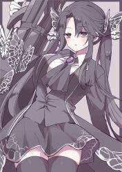  1girl animal_print ascot bags_under_eyes black_butterfly black_suit brooch bug butterfly collared_shirt cowboy_shot e.g.o_(project_moon) funeral_of_the_dead_butterflies genderswap genderswap_(mtf) gloves grey_eyes grey_hair grey_suit grey_thighhighs grey_vest gun hair_ornament highres jewelry lapels limbus_company long_hair machine_gun marbornath miniskirt notched_lapels pleated_skirt project_moon shirt simple_background skirt solo suit thigh-highs twintails vest weapon white_butterfly white_gloves white_shirt yi_sang_(project_moon) zettai_ryouiki 