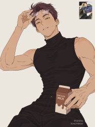 1boy absurdres adjusting_eyewear black_pants black_shirt drink_carton eyewear_on_head glasses highres holding holding_drink_carton holding_milk_carton ladxena love_and_deepspace male_focus milk_carton pants parted_lips red_hair reference_inset shirt short_hair sleeveless sleeveless_turtleneck solo turtleneck twitter_username valko_(love_and_deepspace) 