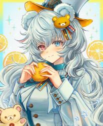  1girl 3_(sanyako1) animal_ears arknights blue_eyes blush buttoned_cuffs buttons closed_mouth commentary_request fingernails grey_hair grey_jacket hair_between_eyes hair_ornament hat heterochromia highres holding jacket long_hair long_sleeves official_alternate_costume partial_commentary red_eyes rosa_(arknights) rosa_(forever_together)_(arknights) smile solo sparkle star_(symbol) top_hat twitter_username two-sided_fabric two-sided_headwear upper_body watermark white_hat yellow_hat yellow_nails 