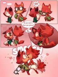  1boy 1other avatar_(sonic_forces) barry_the_quokka blank_speech_bubble closed_eyes closed_mouth english_commentary english_text gadget_the_wolf galaxylover06 heart highres holding holding_removed_eyewear kiss looking_at_another open_mouth smile sonic_(series) sonic_forces speech_bubble tail tail_wagging the_murder_of_sonic_the_hedgehog unworn_eyewear wolf_boy 